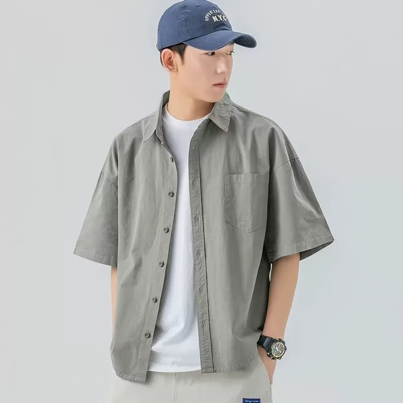 Men's shirt - ins simple standard pop shirt School wear teenager Standing collar solid color fashion short-sleeved top