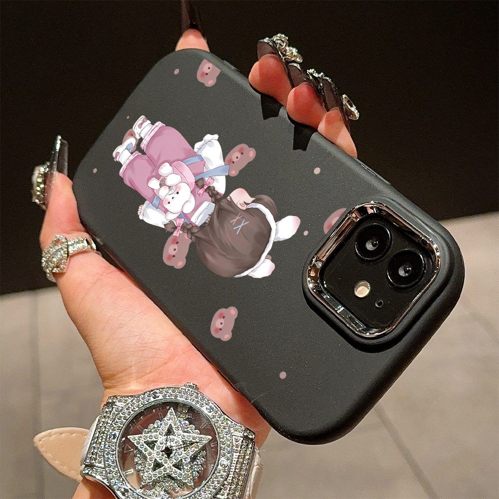 Hontinga for iPhone 15 11 13 14 12 Pro Max 6 6S Plus XR 8 7 Plus XS X Max SE 2020 Back Cover Luxury Silver Edge Lens Mobile Cover Little Girl Back Shadow Pattern Soft Silicone Phone Case.