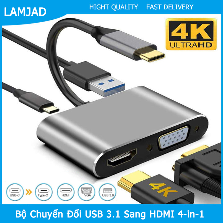 Đầu chuyển đổi type-c sang hdmi độ phân giải 4k vga usb c 3.0 - usb c tới hdmi adapter 4 trong 1