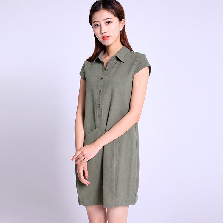 Đầm suông công sở chất đũi cổ sơ mi phối túi chéo