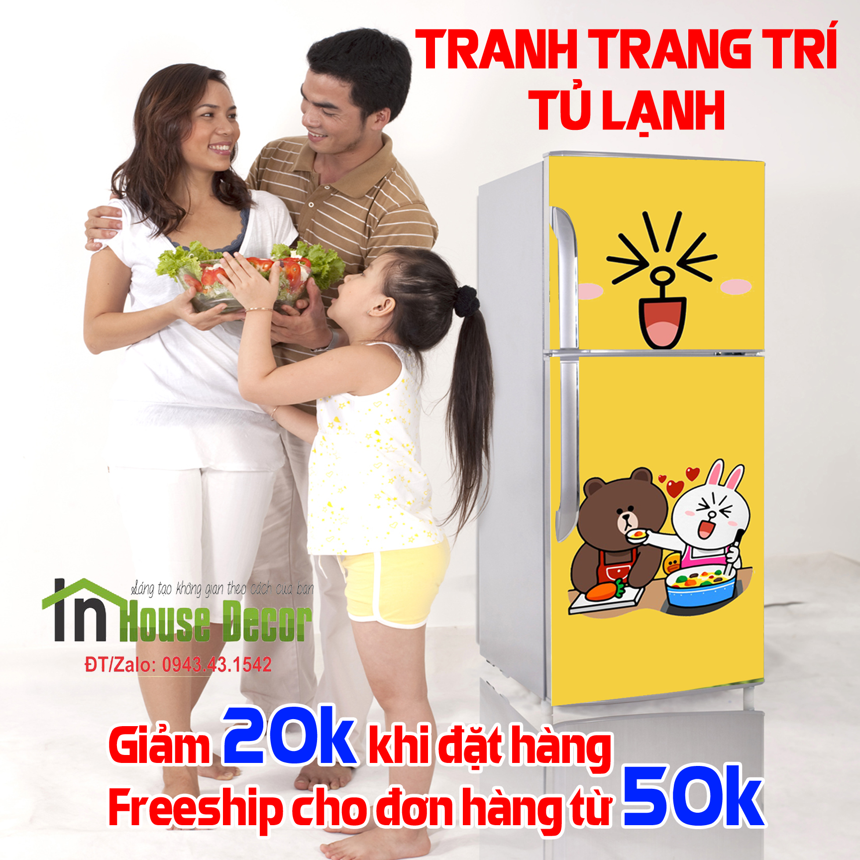 Decal dán trang trí tủ lạnh hình gấu - TL102