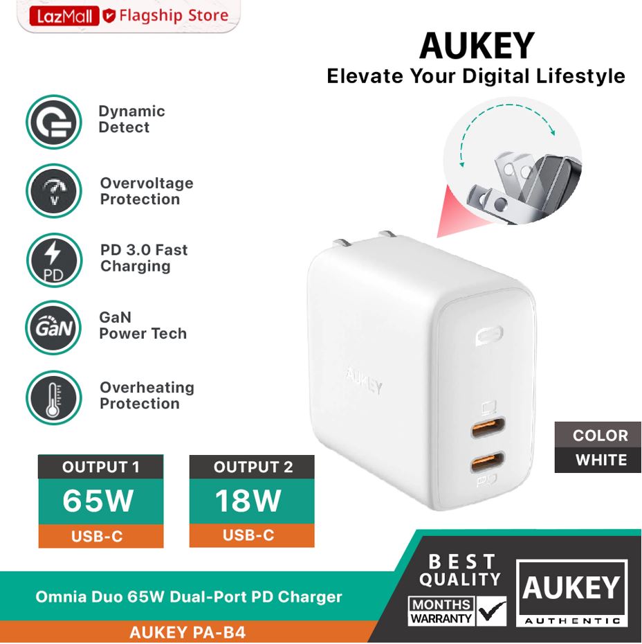 Black Dual Port USB C PD 3.0 Plus USB A LG USB C Charger AUKEY Omnia 65W Fast Charger with GaNFast Technology and Dynamic Detect PD Charger Wall Charger for iPhone 11 Pro Max Samsung Google Pixel 3 XL 