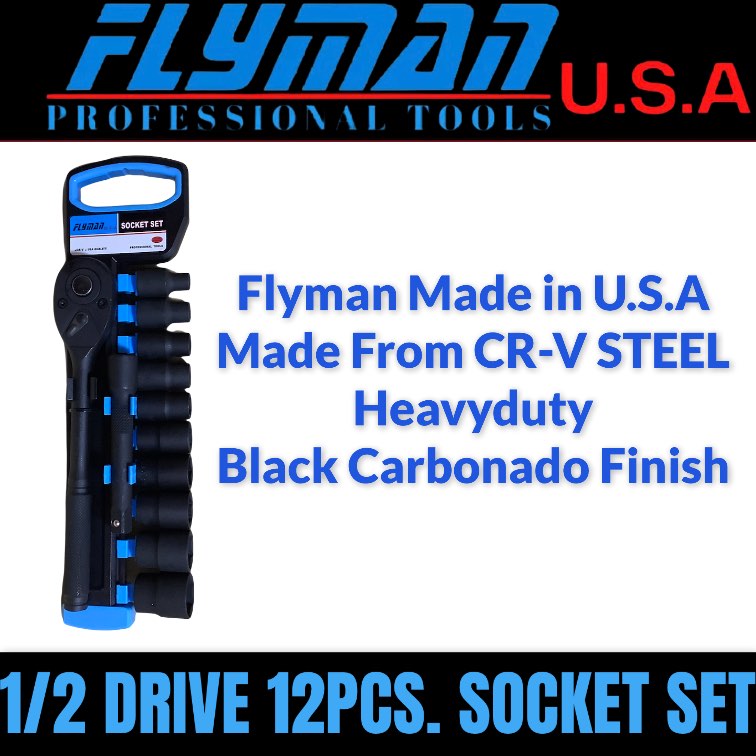 Flyman Professional Tools Made in USA 12pcs Socket Set 1/2 Drive 8MM to