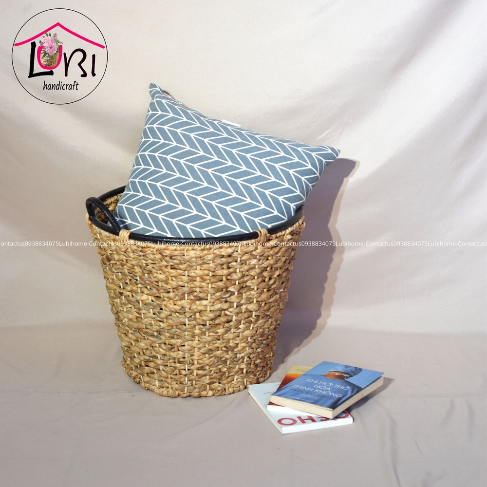 Round water hyacinth baskets with vintage iron handles