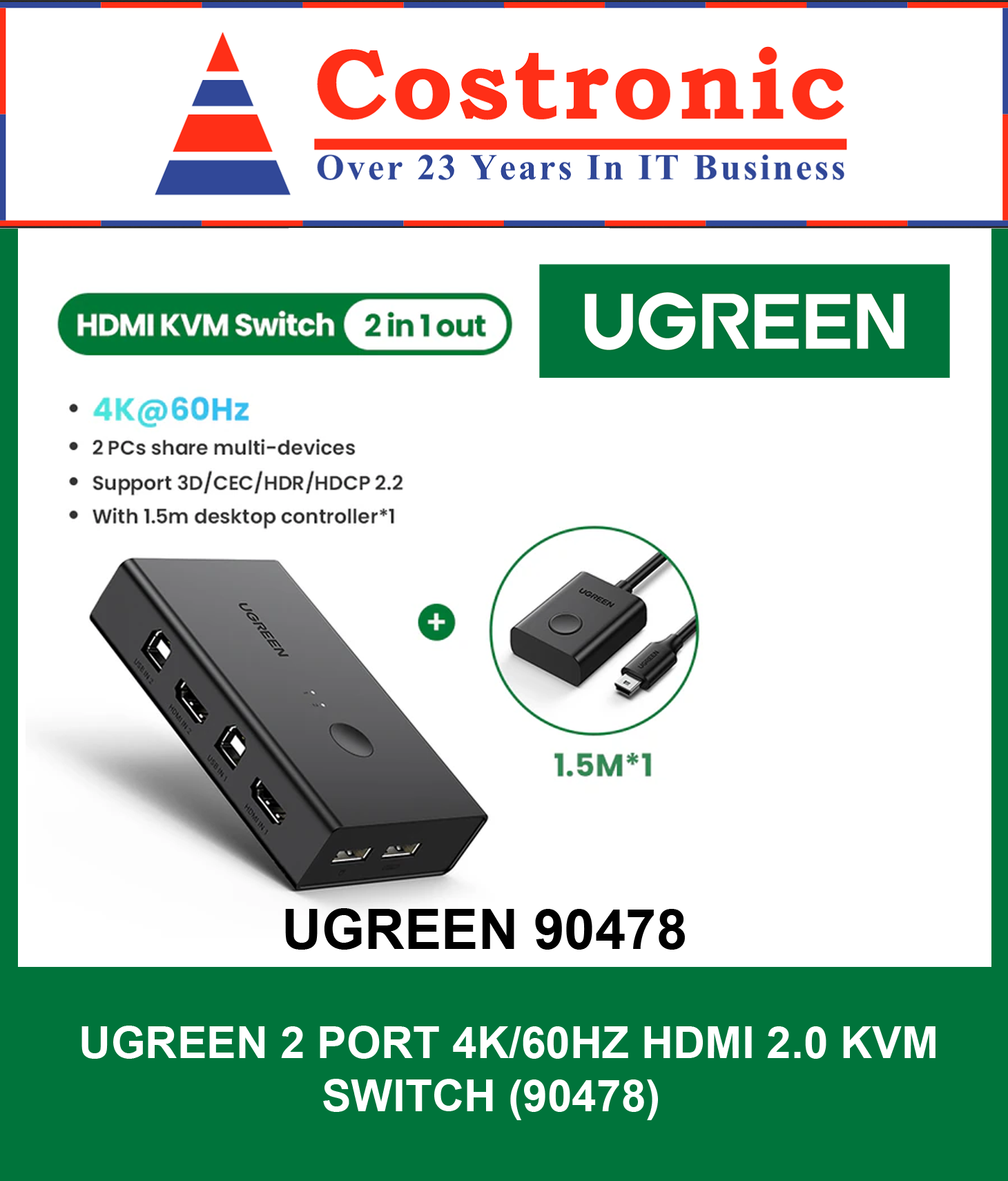 Ugreen - 90478 HDMI 2 In 1 Out KVM Switch