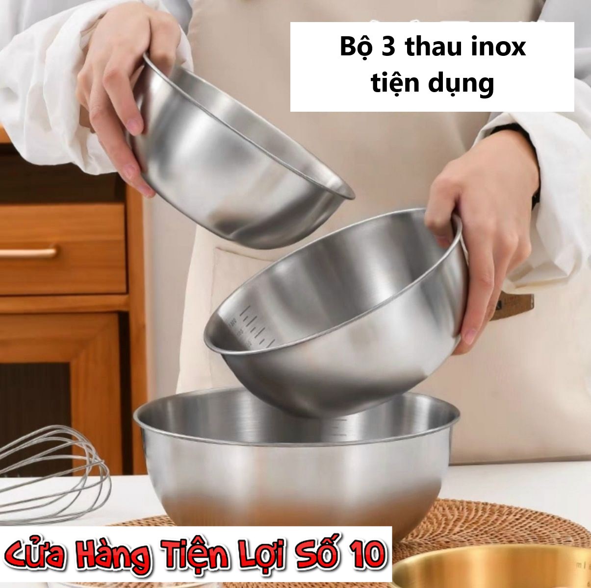 Bộ 3 bát âu trộn bột trộn salad inox 304 size lớn có vạch chia 17-19.5-24cm chống dính