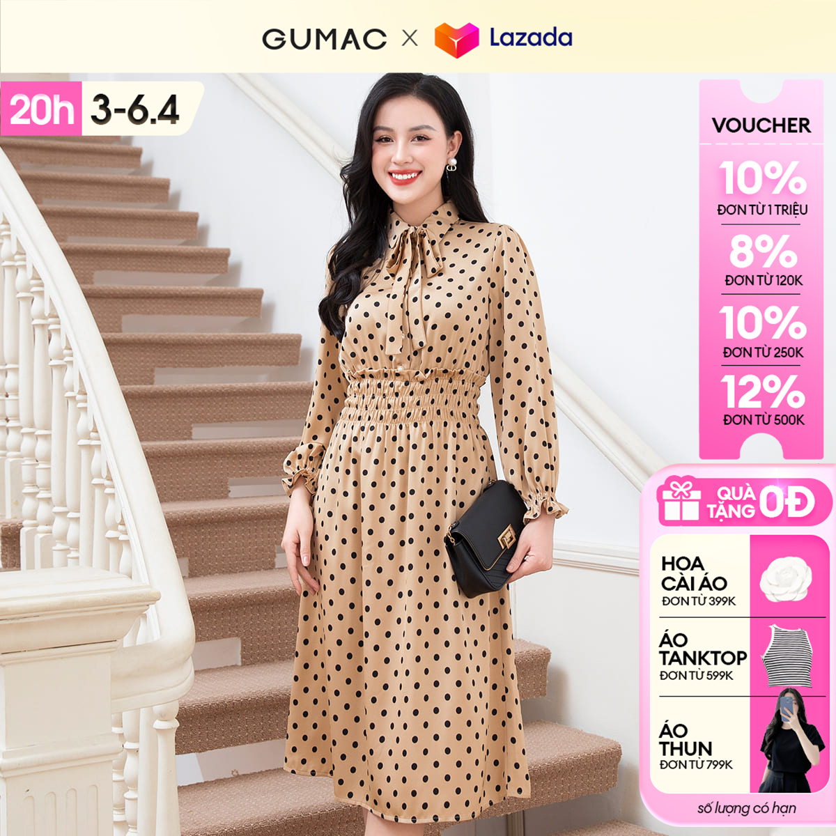Đầm nữ dáng A nữ chấm bi GUMAC DD10001 phối bo chun cổ và eo