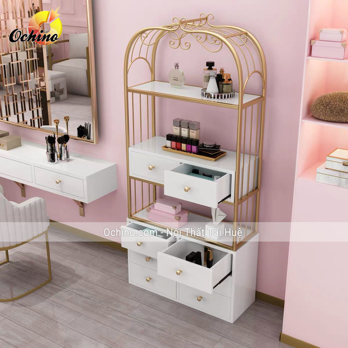 Kệ lồng chim trang trí hình vuông có ngăn gỗ để đồ và chụp hình sang chảnh