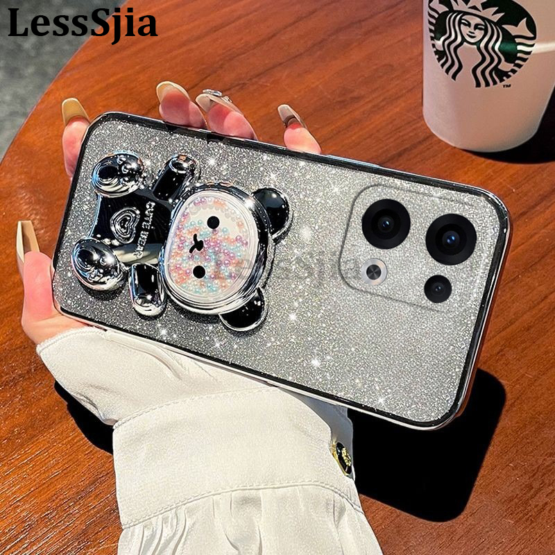 For OPPO Reno 13 Pro 13F Case with Gradient 3D Bear Folding Stand Bracket Luxury Slim 6D Plating Glitter Girls for OPPO Reno 13F 13 Pro Back Cover.