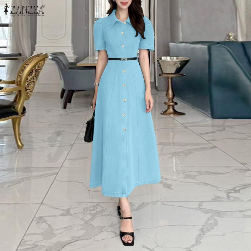 ZANZEA Korean Style Women Elegant Office A-Line Dresses Short Sleeve Lapel Solid Color Long Dress #0330