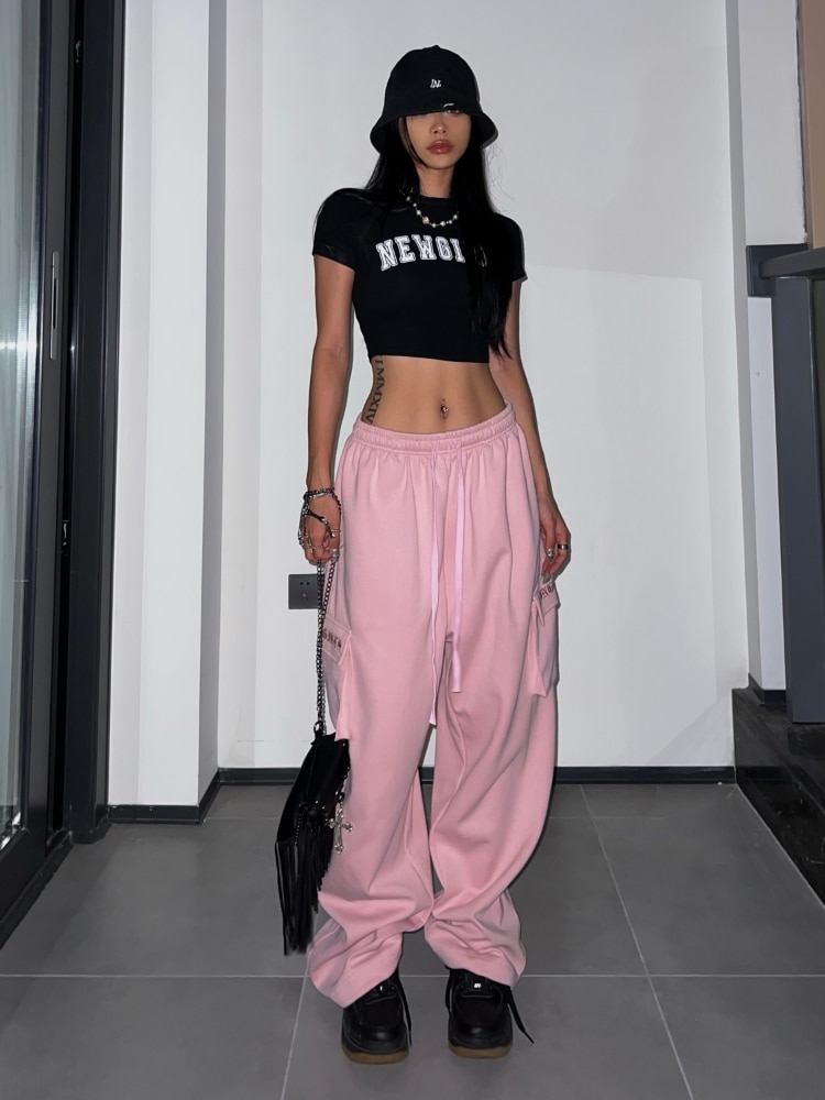 Japanese Y2k Streetwear Pink Cargo Parachute Pants Women Pleated Cute Baggy  Wide Leg Casual Trousers Korean Fashion New