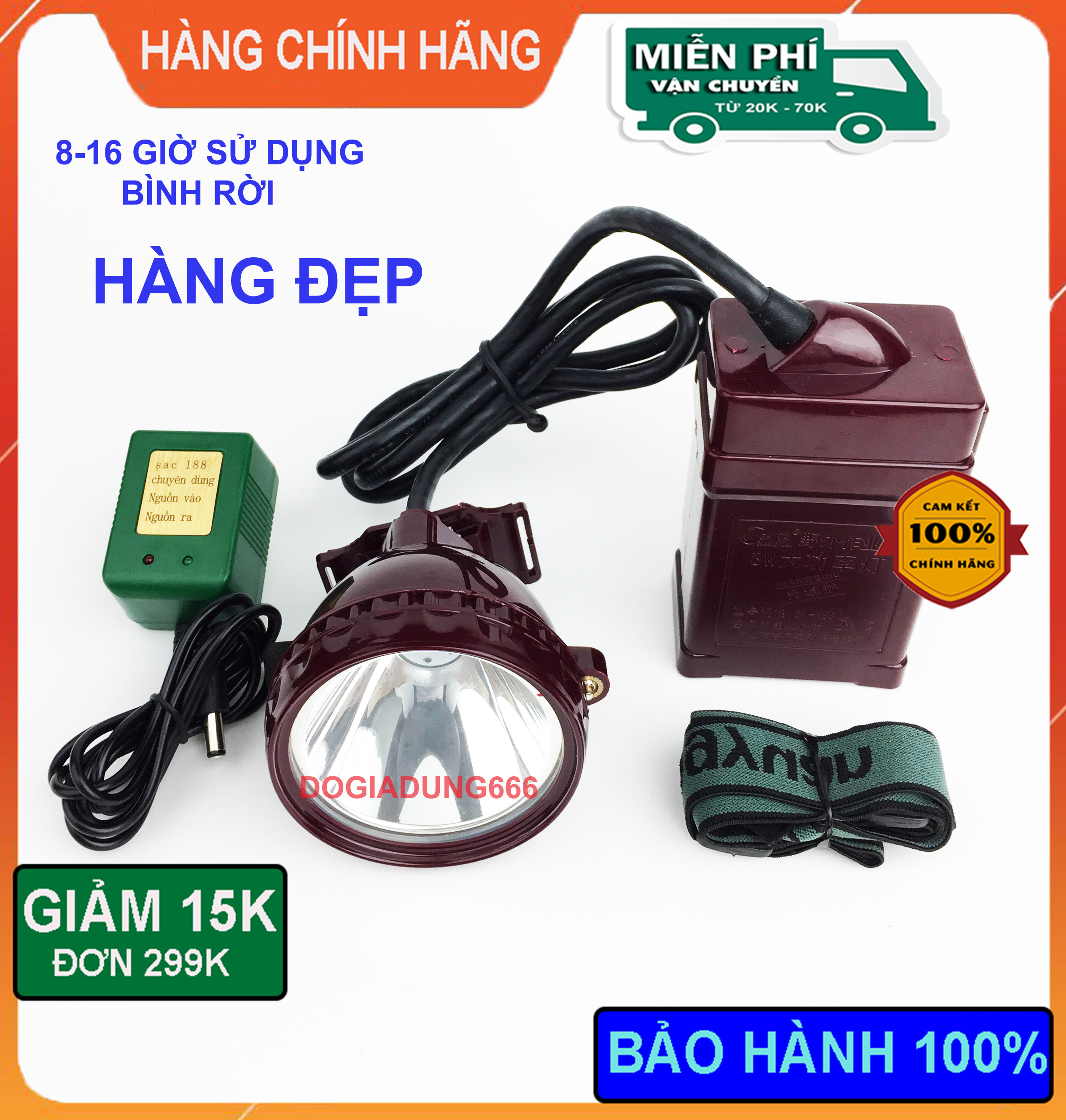 Đèn pin đội đầu siêu sáng led 188A ắc quy soi ếch ánh sáng trắng hoặc vàng