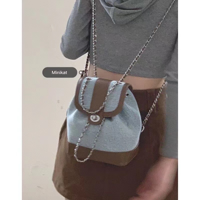 Deere Jack🌺🌺 women's backpack denim backpack bag women's trendy Korean casual backpack niche blogger chain shoulder bucket bag