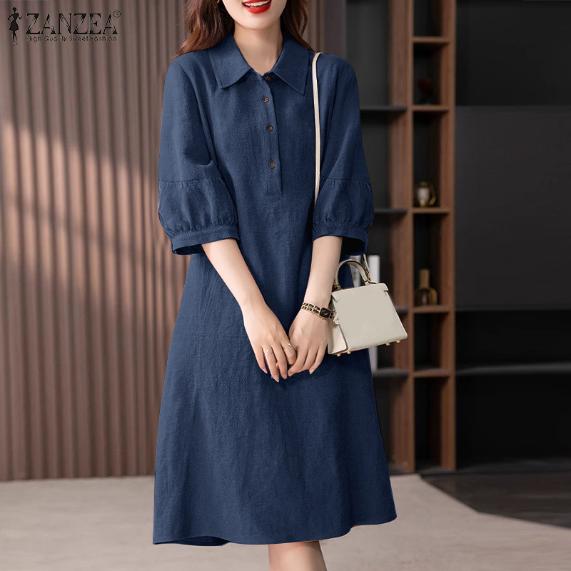 ZANZEA%20Korean%20Style%20Women's%20Dresses%20Casual%20Cotton%20Linen%20Short%20Sleeve%20Lapel%20Plain%20Loose%20Shirt%20Dress%20-%20Image%206
