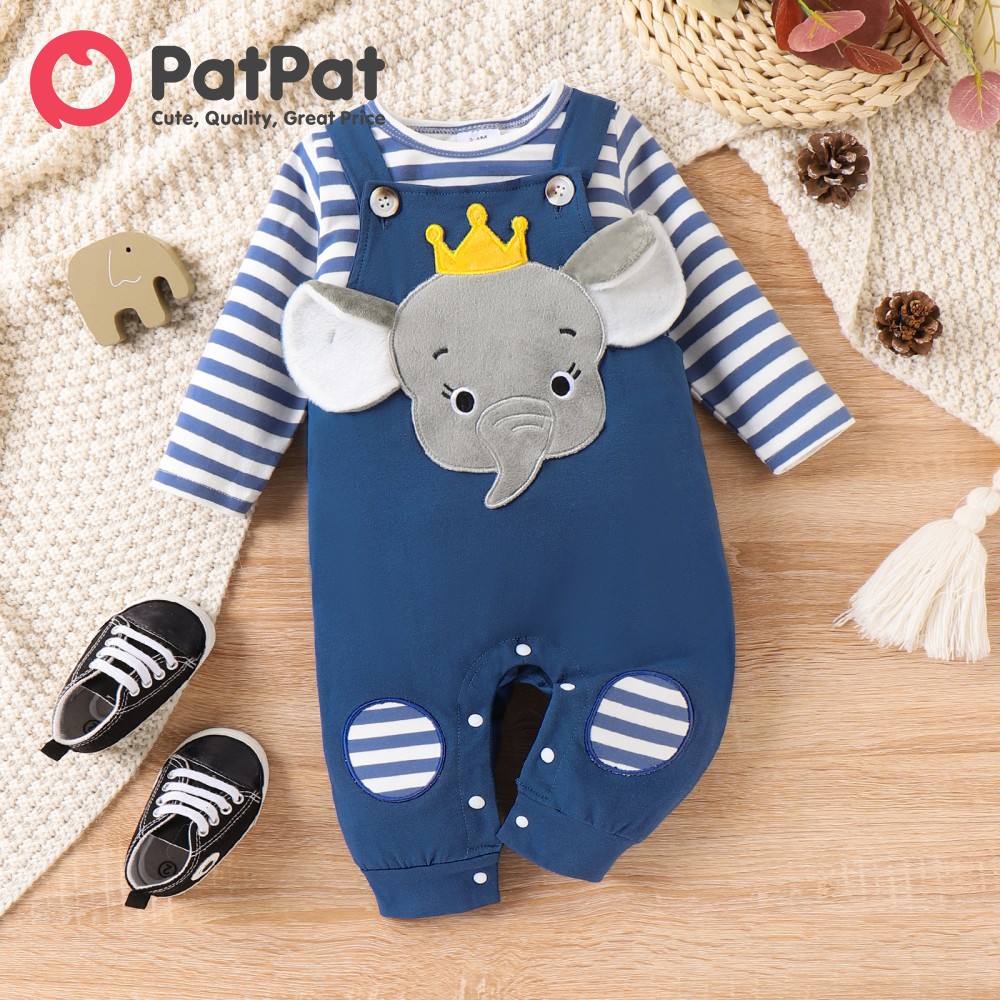 PatPat 2pcs Baby Boy Elephant and Stripe Pattern Hyper-Tactile 3D