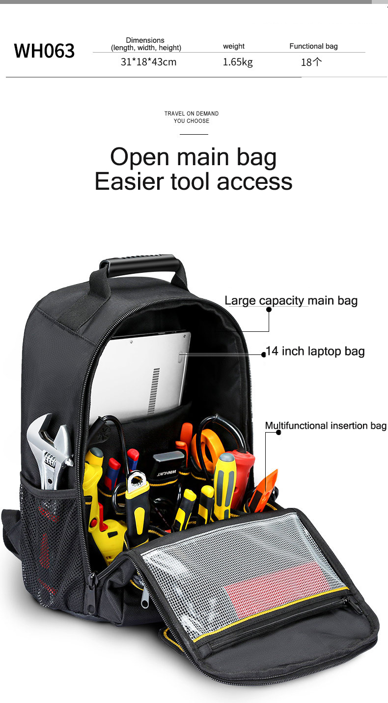 Backpack for both shoulder tool packs, special electrician backpacks, large capacity multifunctional repair tool bags