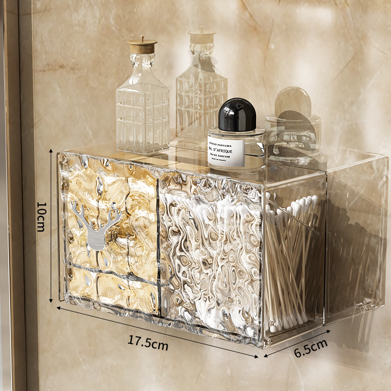 Wall mounted makeup cotton storage box with water ripple and transparent grid arrangement, bathroom makeup removal cotton, hair accessories, dental floss, cotton swab box