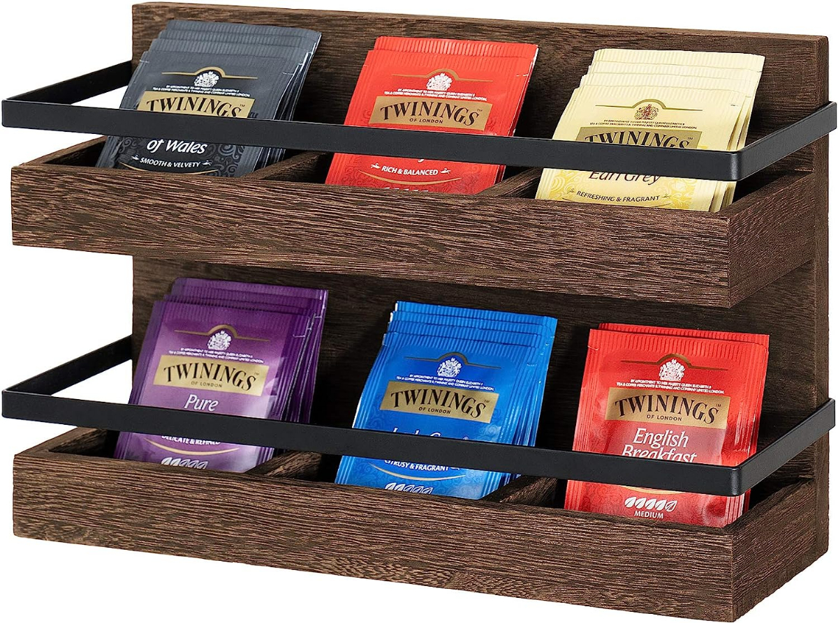 Mkono Tea Bag Organizer 2 Tier Rustic Wood Tea Bags Holder Wall Mounted