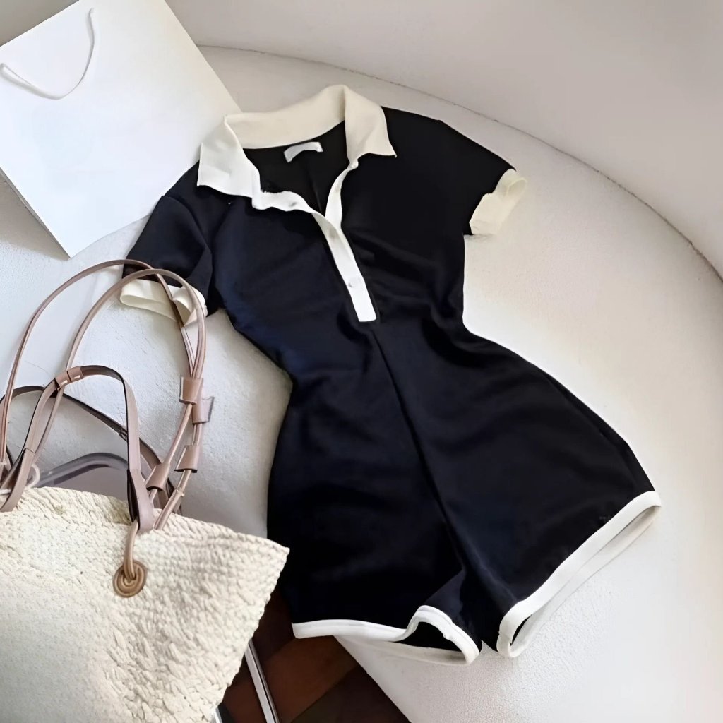 DIVA Beveda Jumpsuits Cổ Bẻ Phối Màu Cài Nút Tay Ngắn