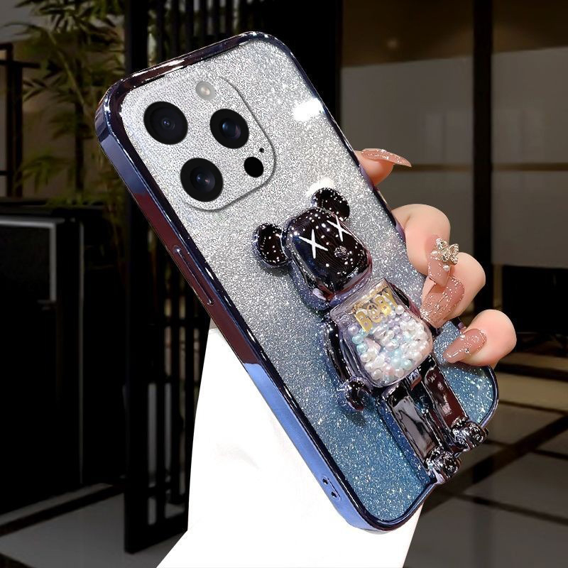 New Phone case iPhone 16 Pro Back cover with Cartoon 3D Bear Stand Luxury Slim Gradient Plating Glitter Girls Stylish For iphone16 Pro + Max case. 