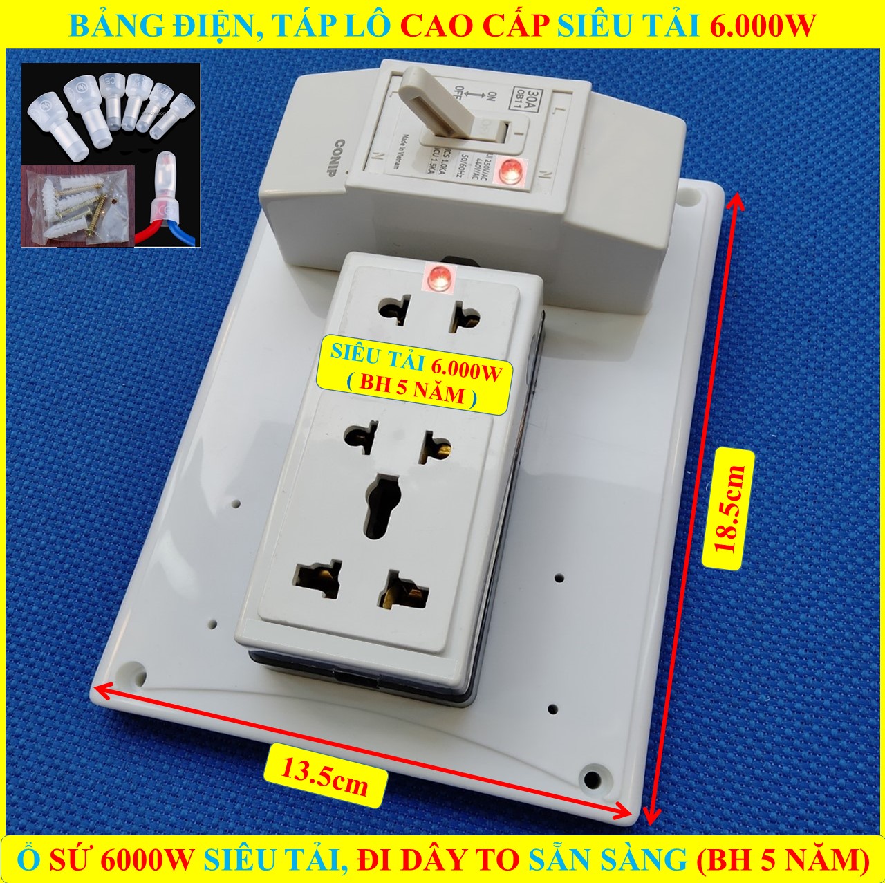 Bảng điện nổi, Táp lô tổng SIÊU CHỊU TẢI 6000W (BH 5 NĂM) + 1 Ổ cắm SỨ SIÊU TẢI 6000W CÓ lò xo chống giãn + ĐÃ ĐI DÂY TO sẵn sàng + Bộ vít lắp đặt (bộ 1 sp)