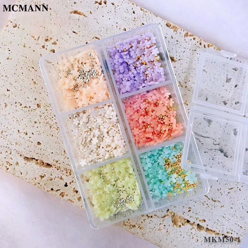 Set hoa nhí 5 cánh mix size, mix màu 6 ô - hoa nhí đính móng mix ngọc trai