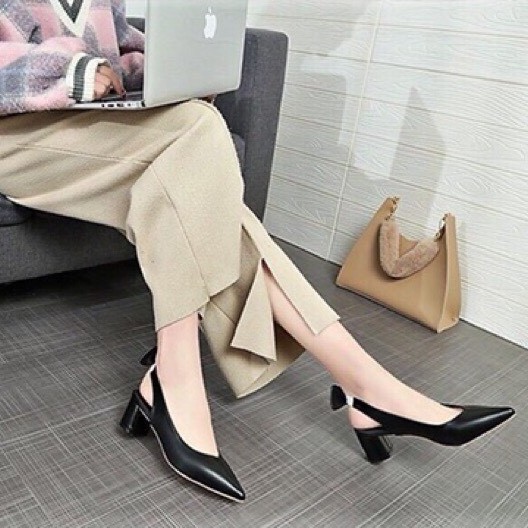 Giầy cao gót mũi nhọn 5 phân quai chun Nơ Mã LCC9