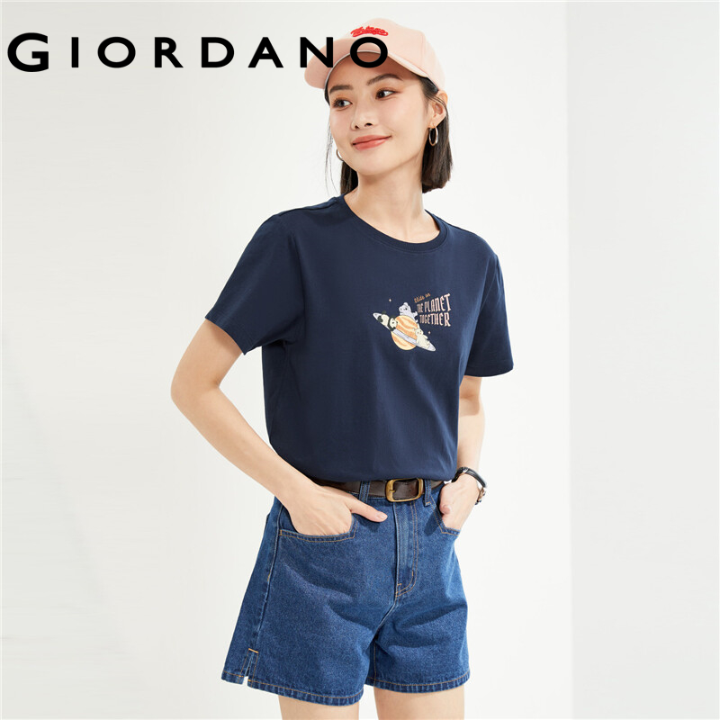 Giordano women t-shirts 100% cotton space print tee crewneck short sleeve simple basic summer fashion casual tshirts 05394386