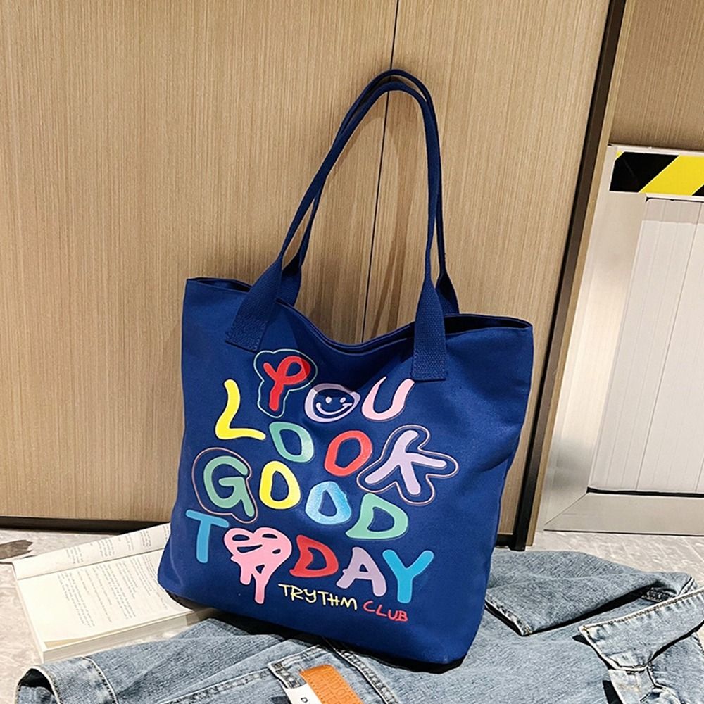 FHDFH Rainbow Letter Smile Canvas Bag Smiling Face Print Casual ...