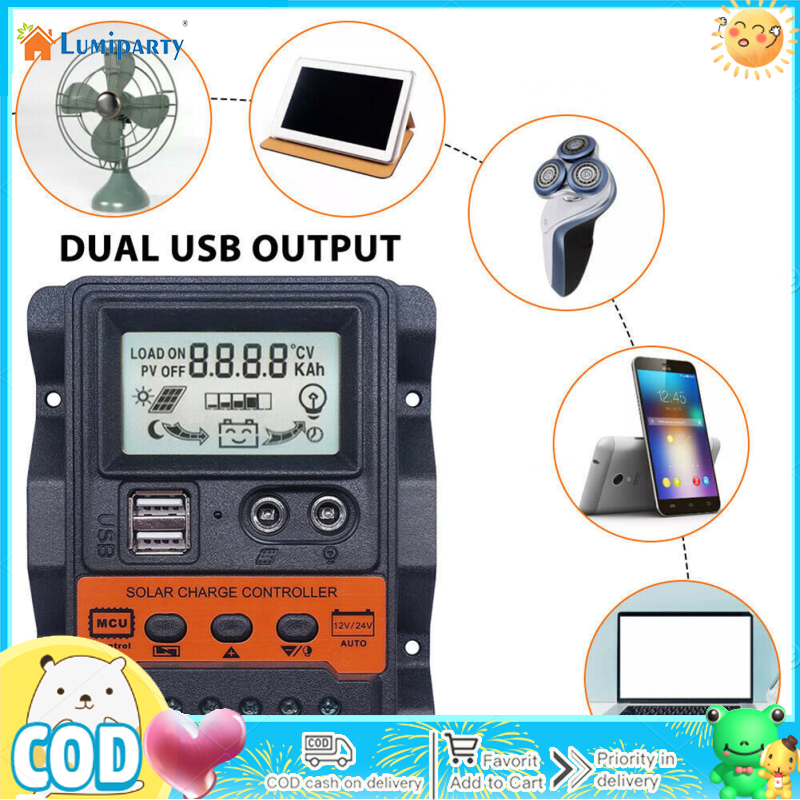 LumiParty 【Ready Stock】30A Solar Charge Controller 12V/ 24V Solar Panel Regulator With LCD Display Dual USB Port PWM Auto Paremeter