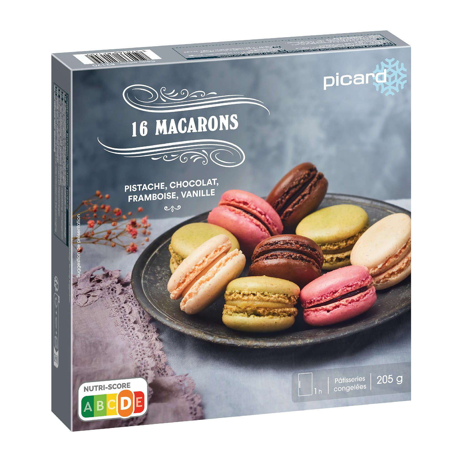 macaron Picard 16 Chocolate Vanilla Raspberry and Pistachio Macarons