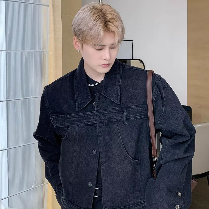 Hanlu Men's fashionable denim jacket lapel jacket handsome motorcycle jacket