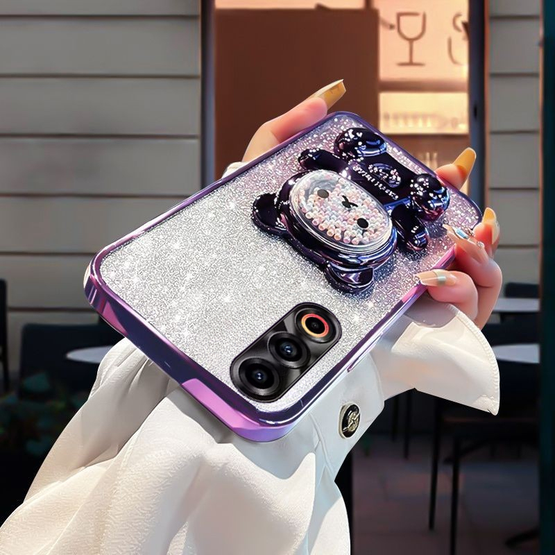 Phone cover Meizu 21 Pro 21 Note 20 Pro Back case with Gradient 3D Bear Folding Stand Bracket Luxury Slim 6D Plating Glitter Girls for Meizu 20 Pro Meizu 21 Note Pro Back Cover. 