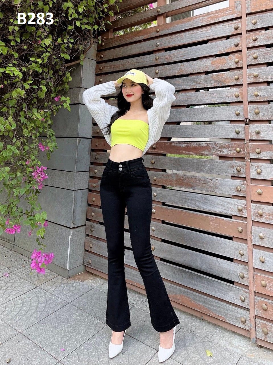 Quần jean nữ loe lưng trắng đen co giãn tốt