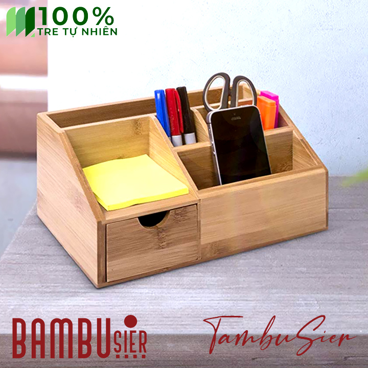 Khay hộp cắm bút gỗ tre để bàn