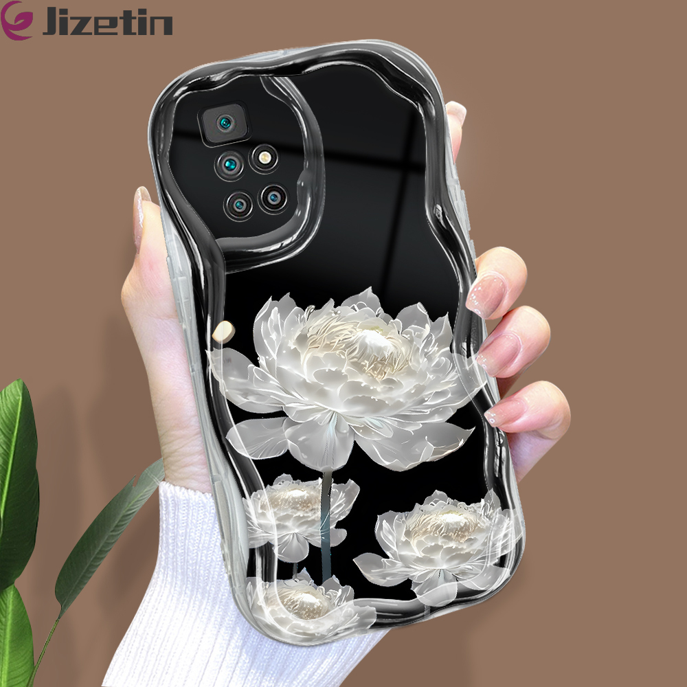 Jizetin for Redmi 10 Back Cover White Lotus Flowers Wavy Edge Soft Silicone Phone Case. 