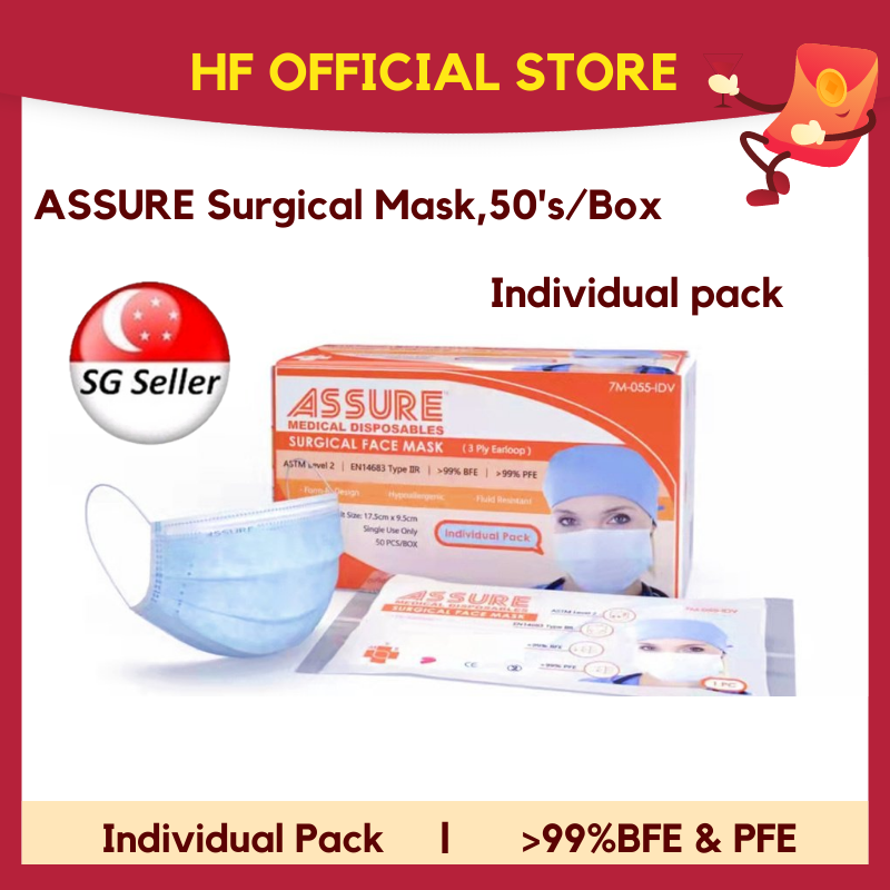 ASSURE Surgical Mask, 3-Ply Earloop, Individual Wrap, BFE & PFE > 99% ...