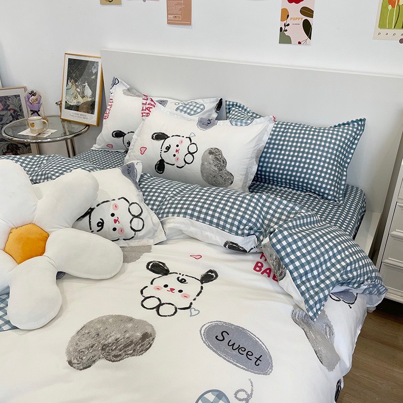 Chăn ga gối cotton poly - Mẫu gấu tim xanh