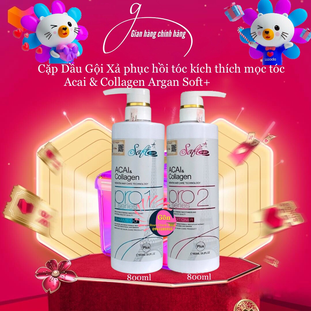 Cặp Dầu Gội Xả phục hồi tóc kích thích mọc tóc Acai & Collagen Argan Soft+ Cặp 800ml