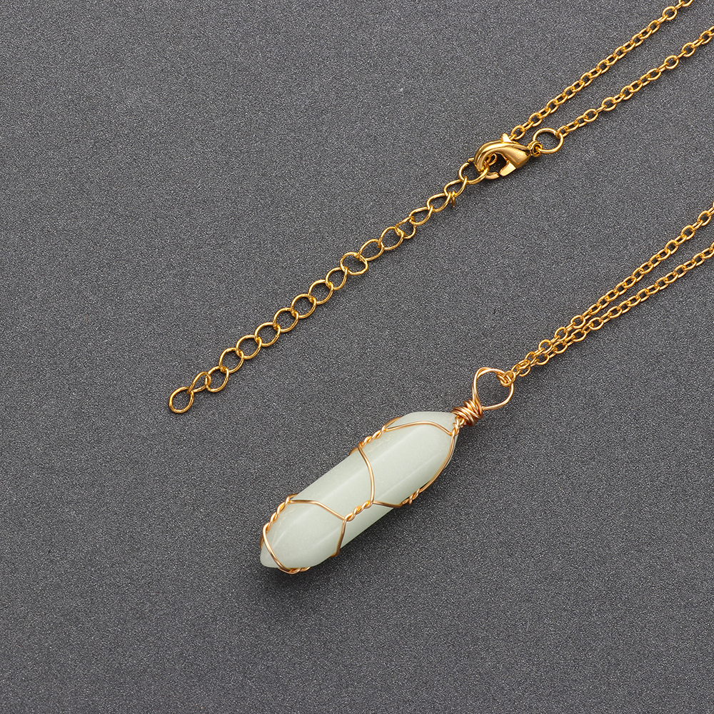 Hexagonal Cylindrical Crystal Necklace Glow In The Dark Luminous Wire Wrap Stone Craft Pendant Necklace Gift for Women Men Party. 