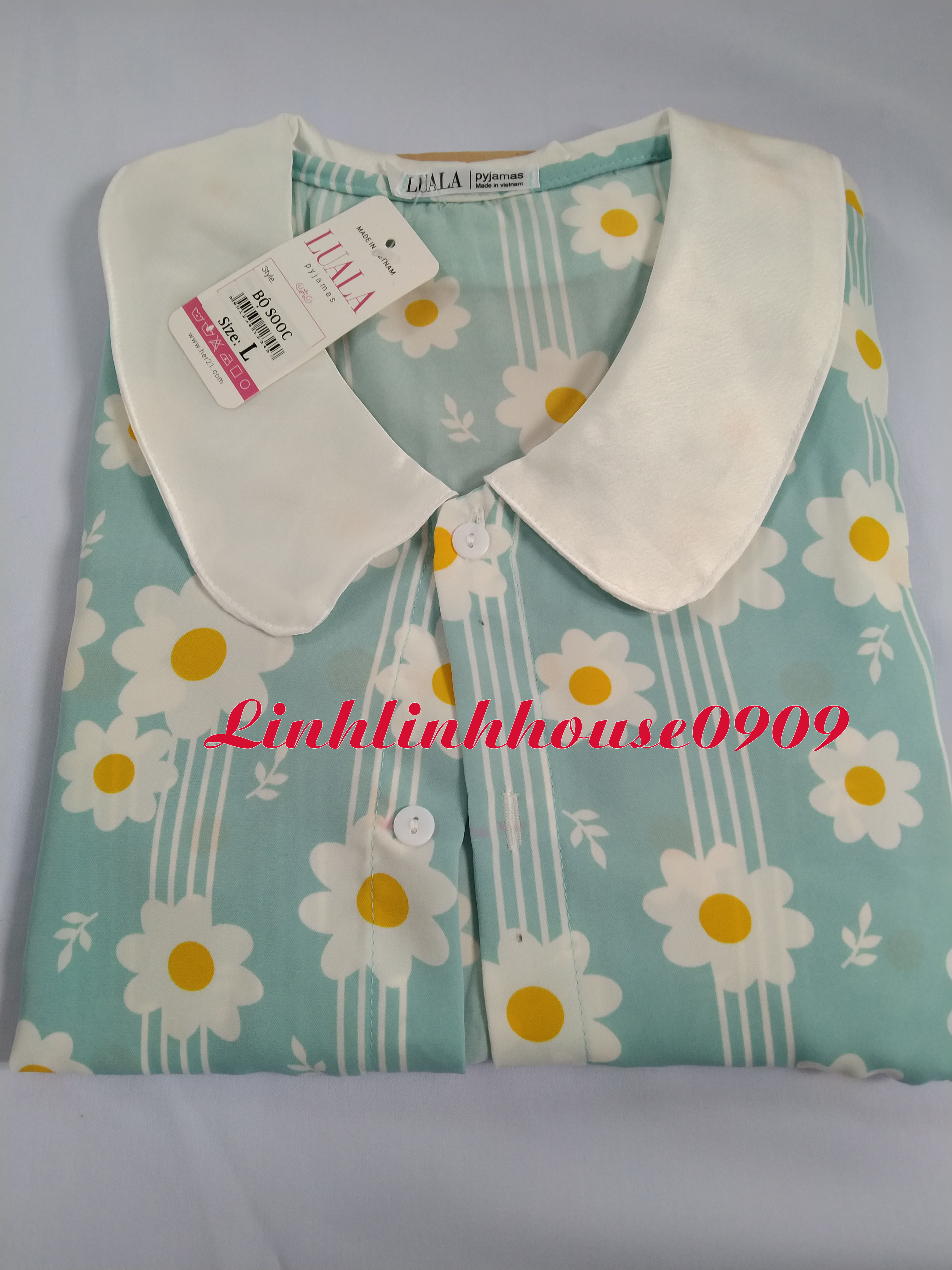 Đồ ngủ Pijama lụa cao cấp mango cộc đùi hoa cúc xanh