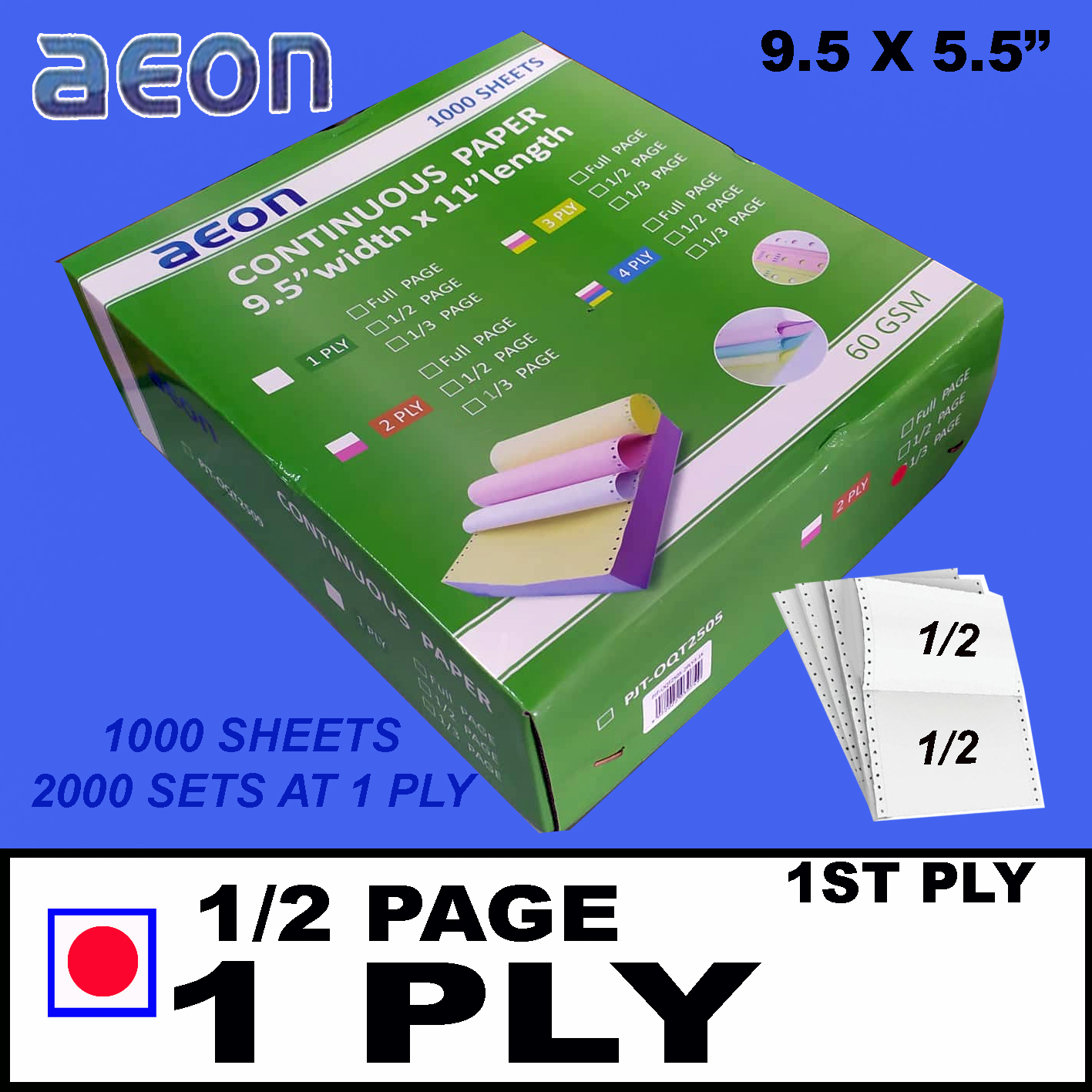 Aeon 1ply Carbonless Continuous Form Paper 1half 1000sheets 2000sets 9