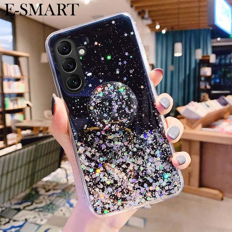 Phone Cover Samsung M35 A35 Back case Glittering Soft Stars Moon Sequins Folding Stand Transparent Silicone Anti Drop For Galaxy A35 M35 Phone cases.