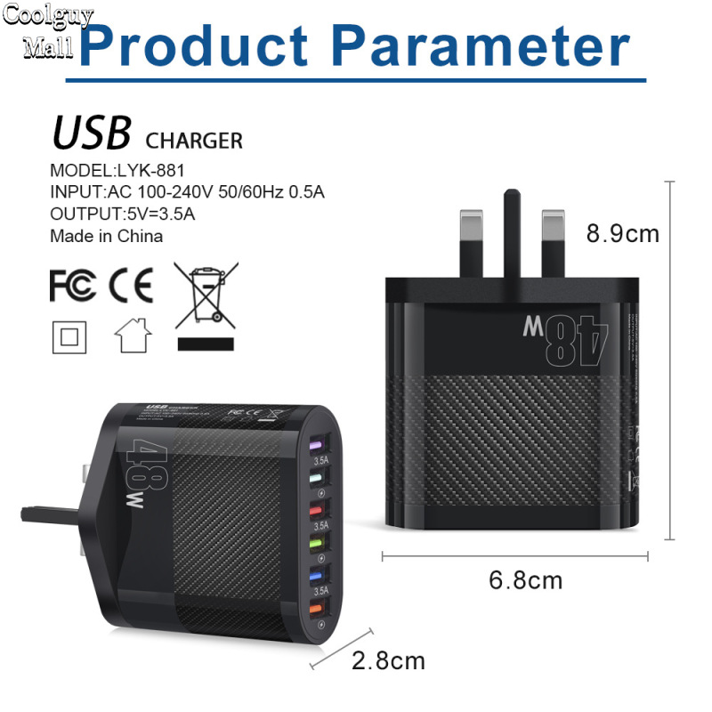 USB Wall Charger 48W 6-Port Fast Charging Block Adapter Plug Compatible For IPhone Android Tablet PC Mobile Phone