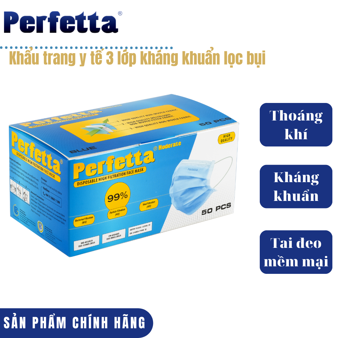 Khẩu trang y tế 3 lớp Perfetta Moderate trắng/xanh (50 cái/hộp)