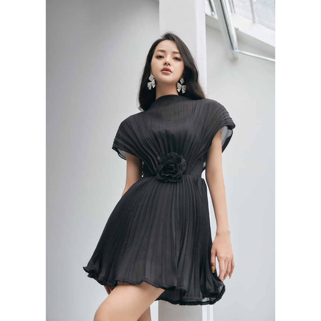 Đầm Voan Dập Ly Đính Hoa Màu Đen - XIPI