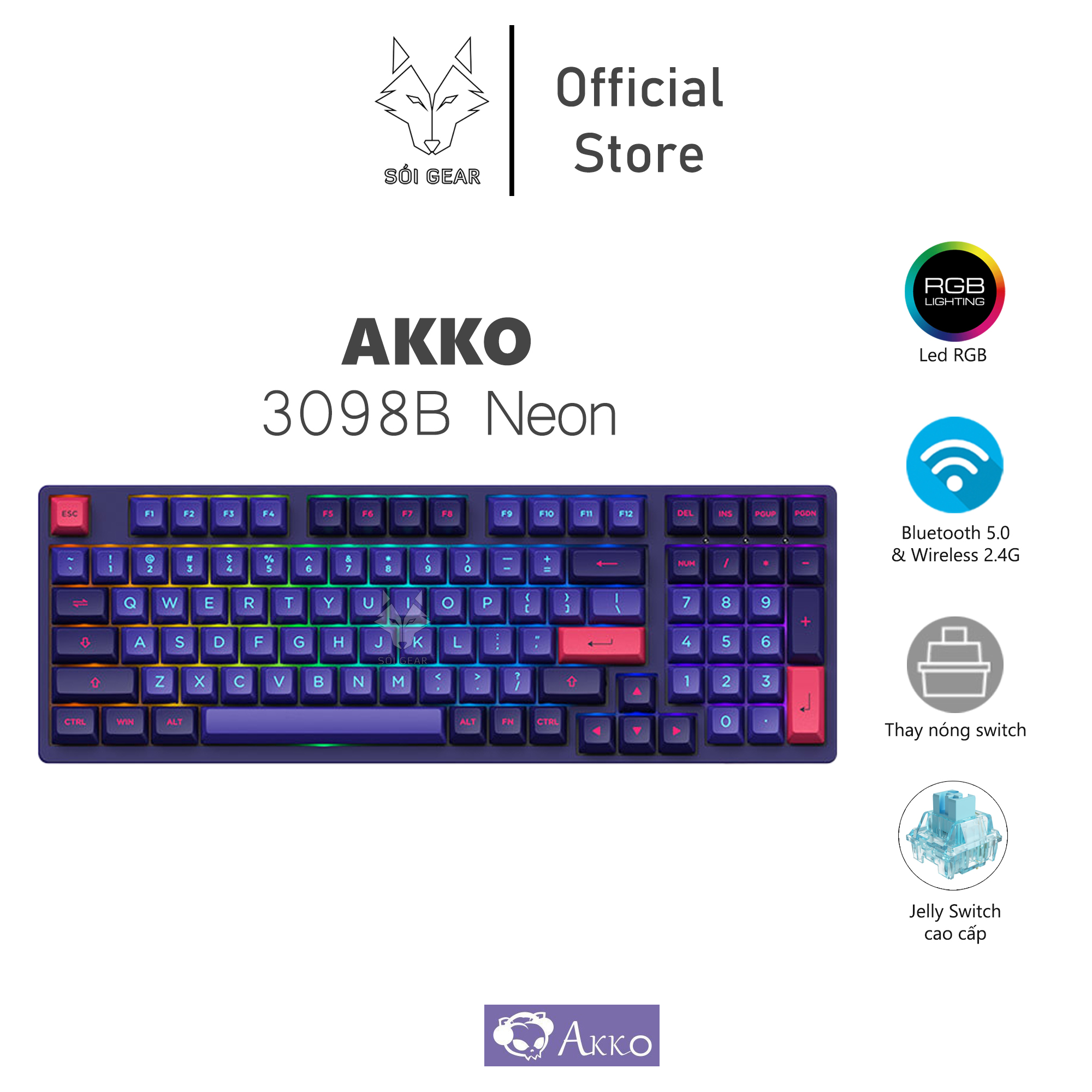Bàn phím cơ không dây AKKO 3098B Multi-modes Neon (Bluetooth 5.0 / Wireless 2.4Ghz / Hotswap / RGB)