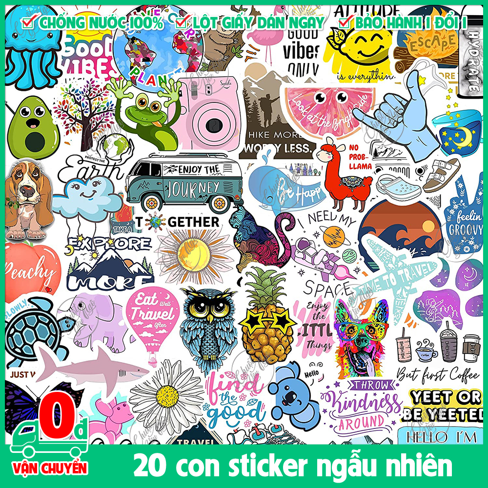 Combo 20 sticker hình dán decal chống nước trang trí laptop nón bảo hiểm điện thoại xe máy