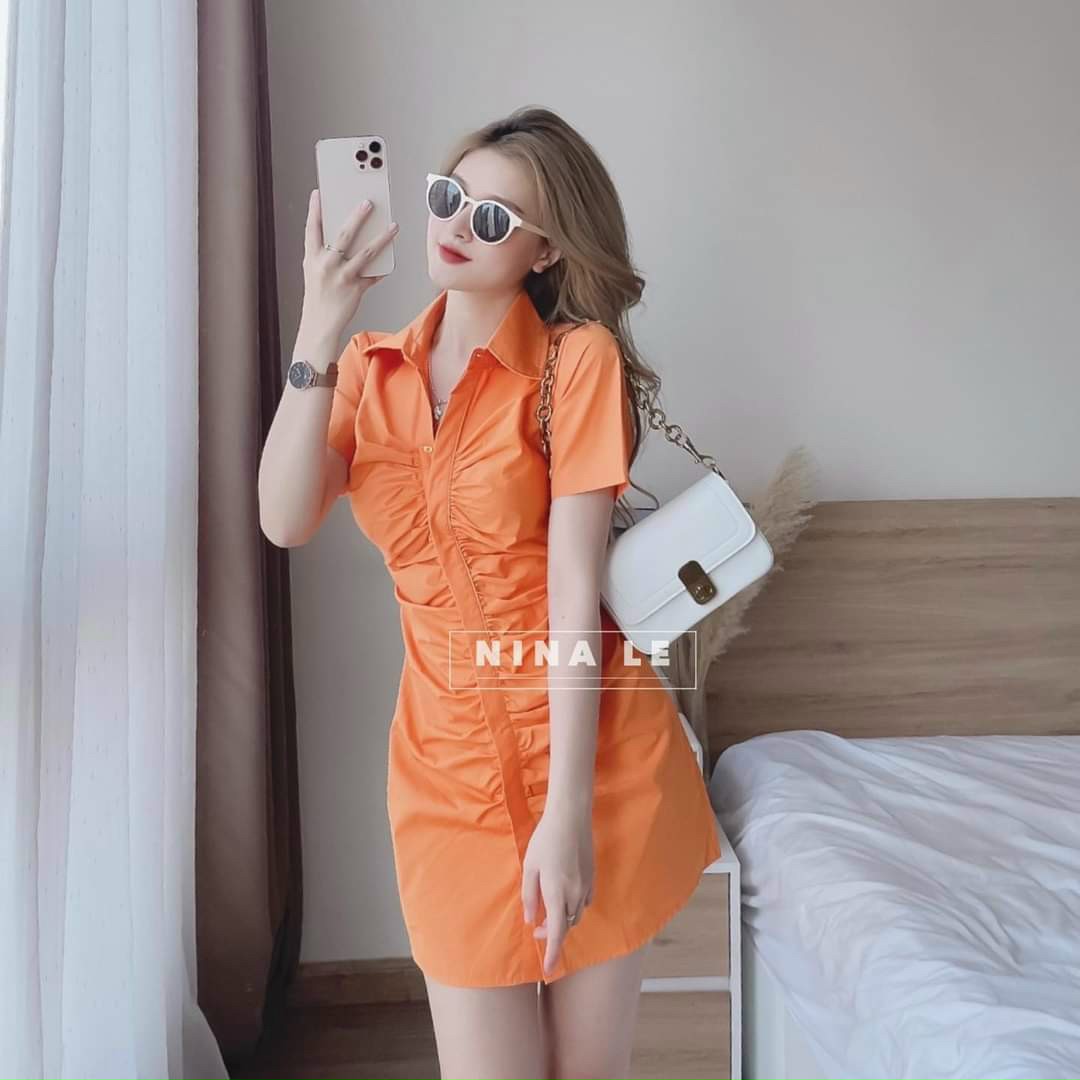 Đầm Body Cổ Sơ Mi Nút Dọc Nhún Xinh Xắn