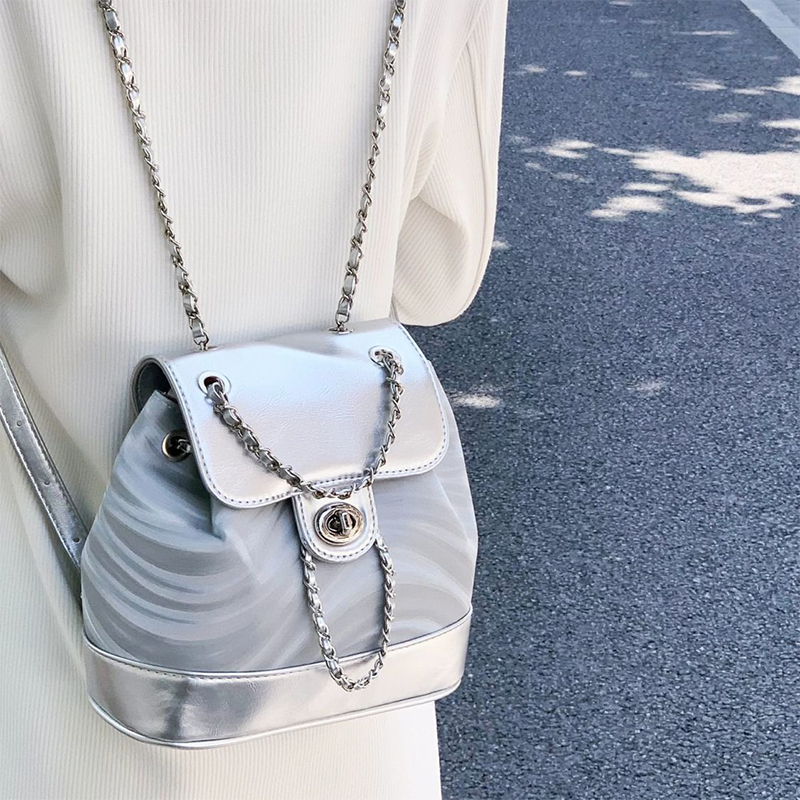 ELACCENT Women's backpack Korean version of the fashion silver water wave pattern backpack chain bucket bag